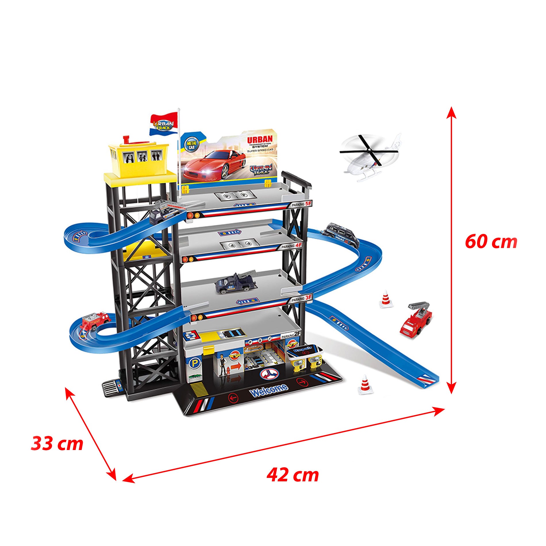 Large parking garage with helipad, helicopter and 3 cars