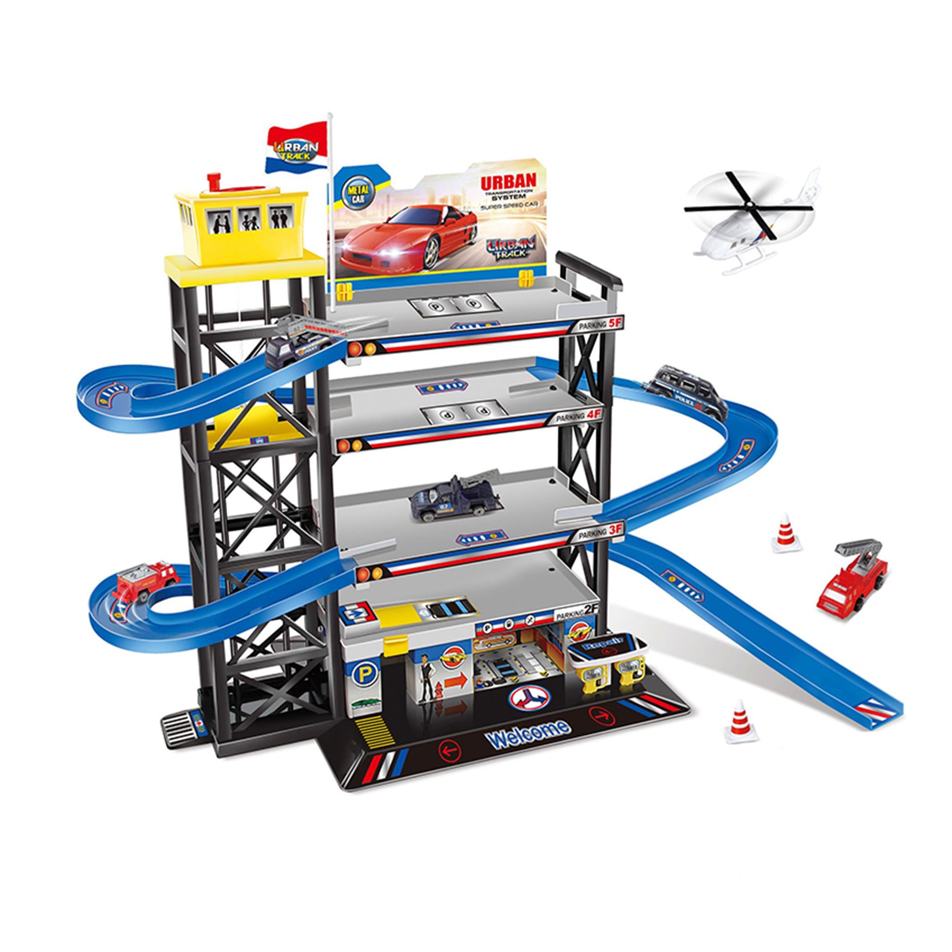 Large parking garage with helipad, helicopter and 3 cars