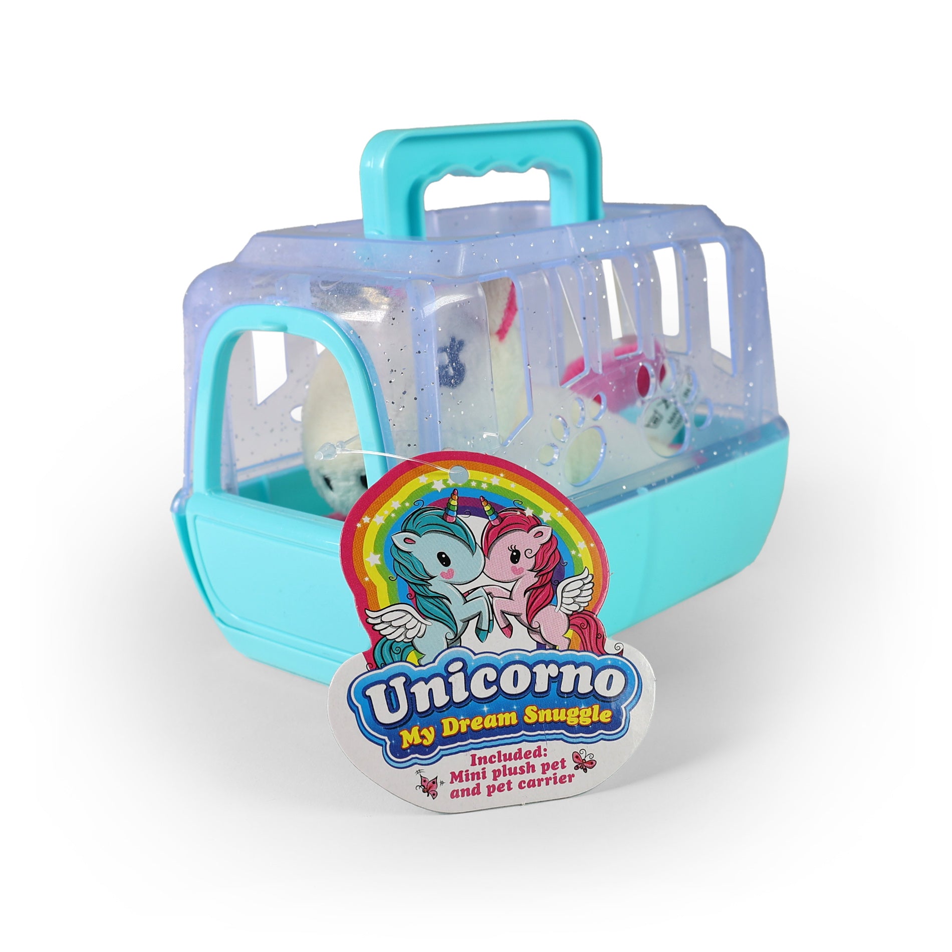 Portable pet carrier with plush unicorn