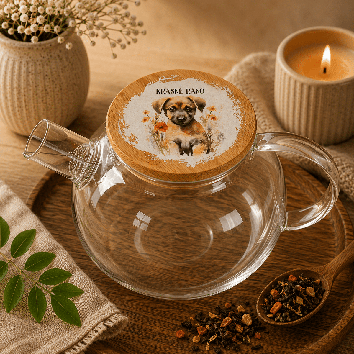 1 l Glass Teapot with “Good Morning with a Puppy” Print