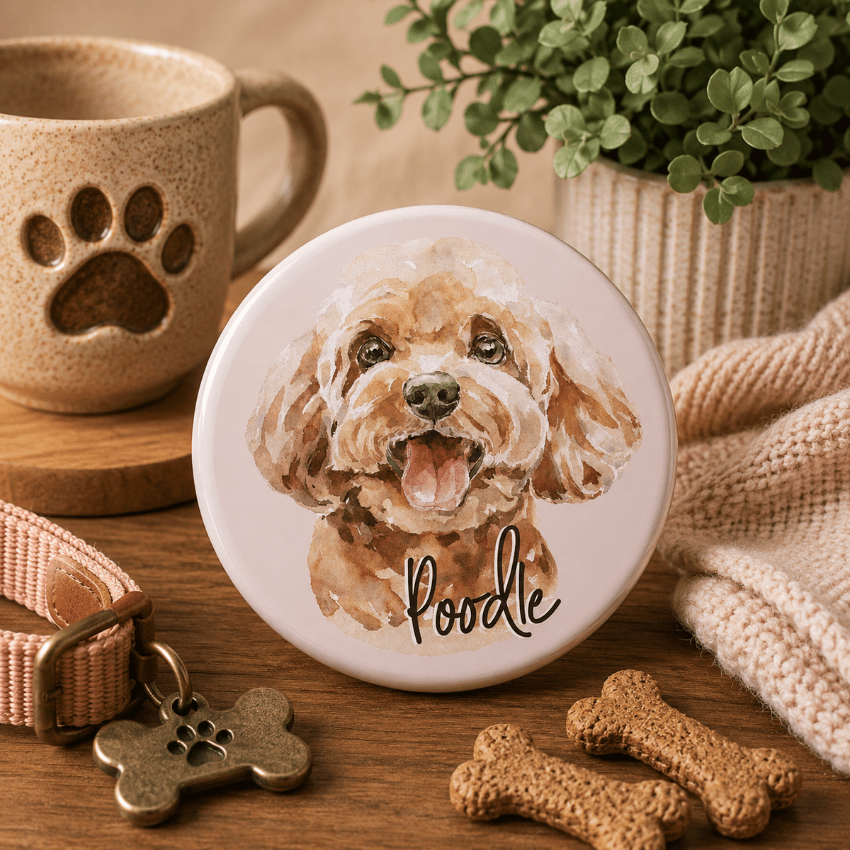 Poodle Button Badge with Safety Pin, 44 mm