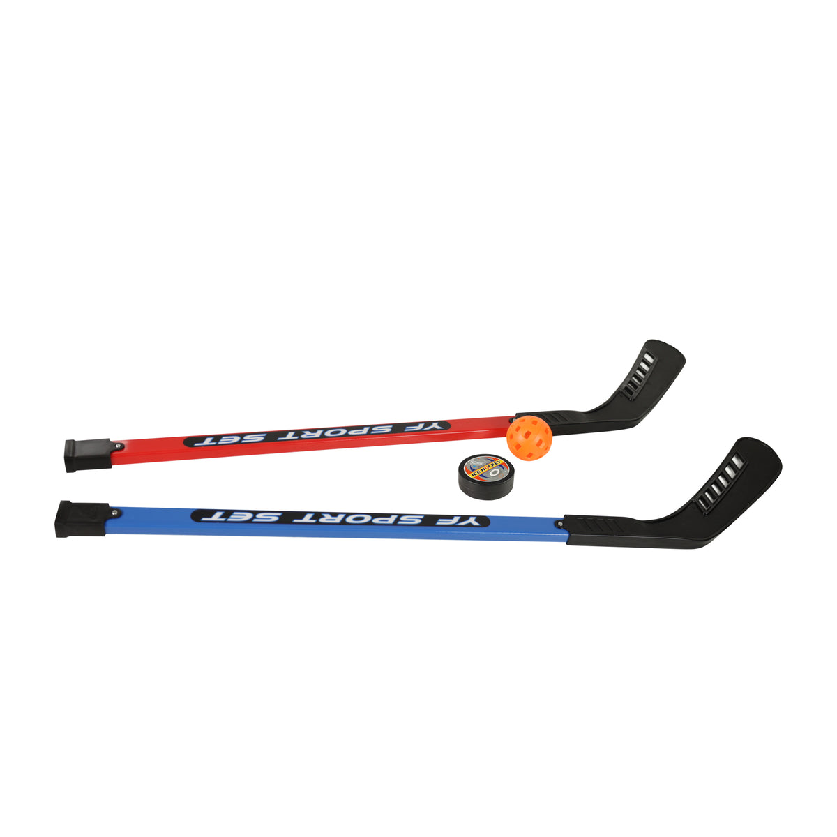 Plastic hockey sticks with ball and puck, 90 cm