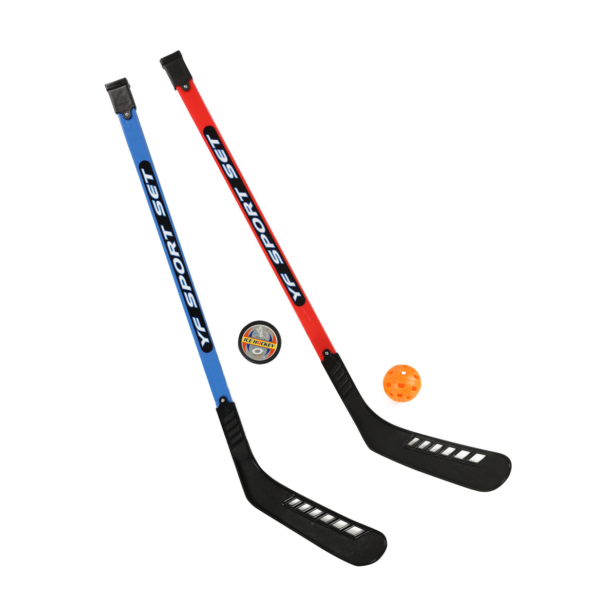 Plastic hockey sticks with ball and puck, 90 cm