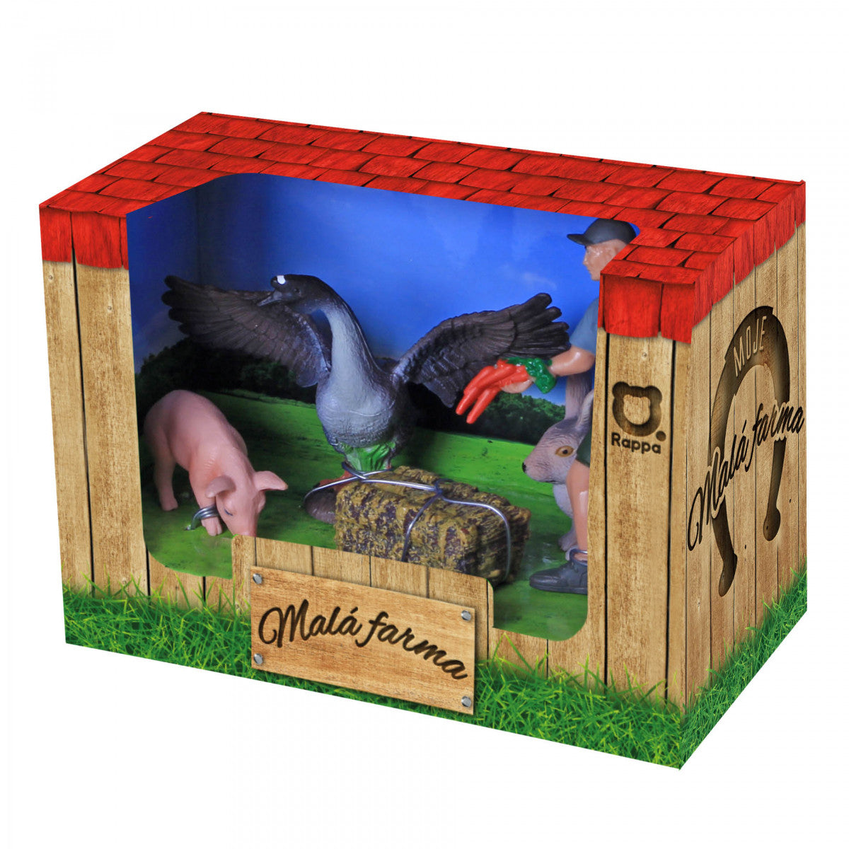 Farm animal set with farmer and accessories, 4 pcs