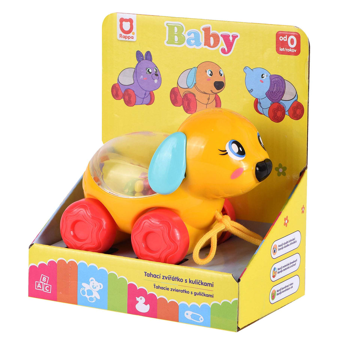 Pull-along dog with rattling balls