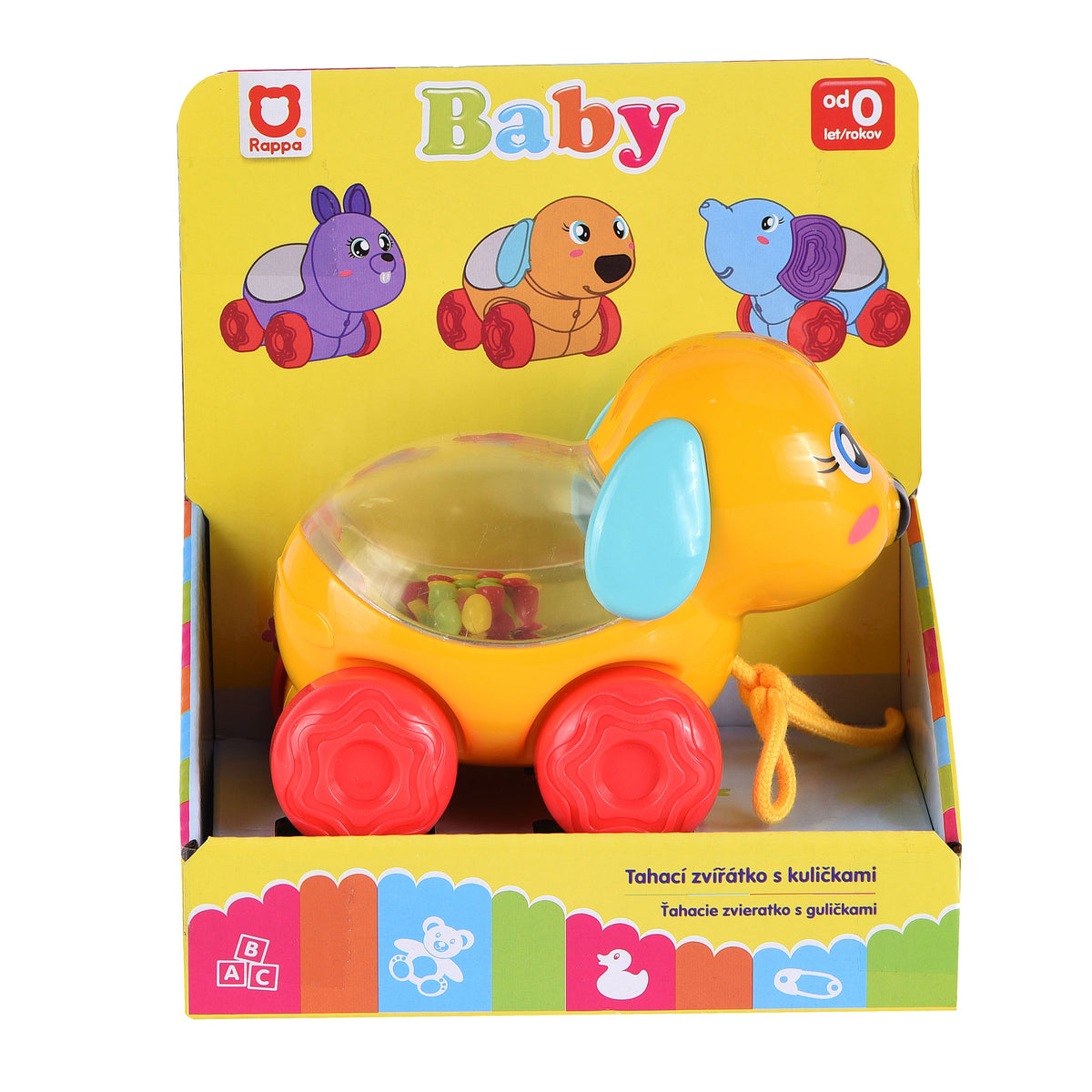 Pull-along dog with rattling balls