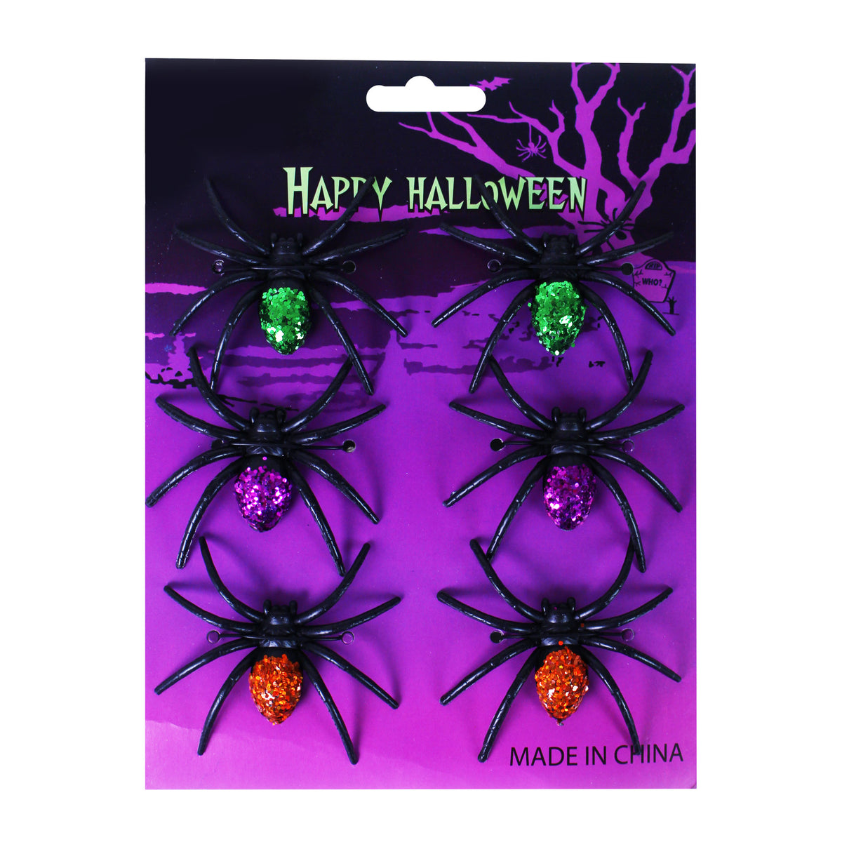 Glittery rubber spider decorations, 6 pcs