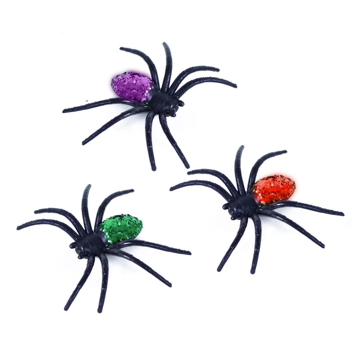 Glittery rubber spider decorations, 6 pcs
