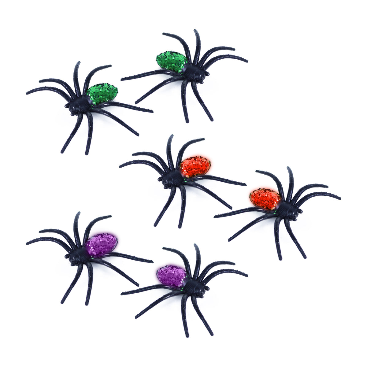 Glittery rubber spider decorations, 6 pcs