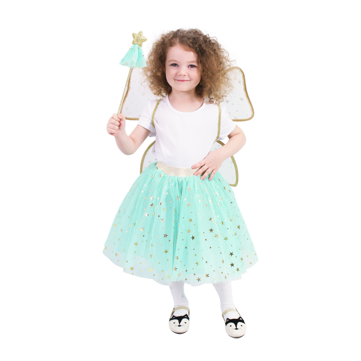 Children's green fairy tutu costume with wand and wings