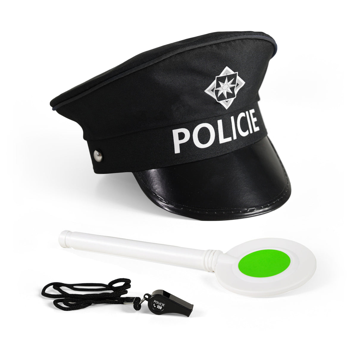 Police set with cap, traffic disc and whistle