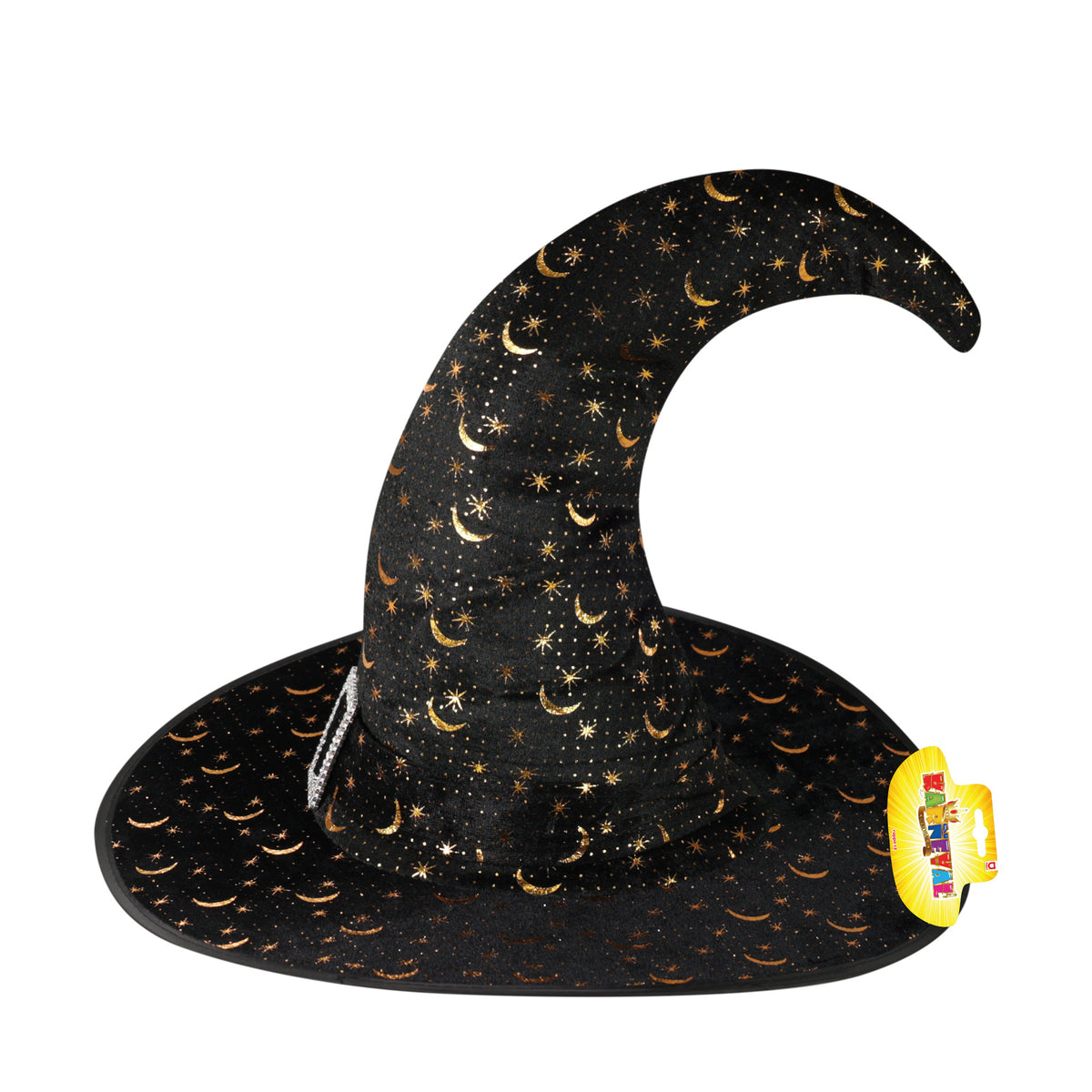 Adult witch hat with gold print and silver buckle