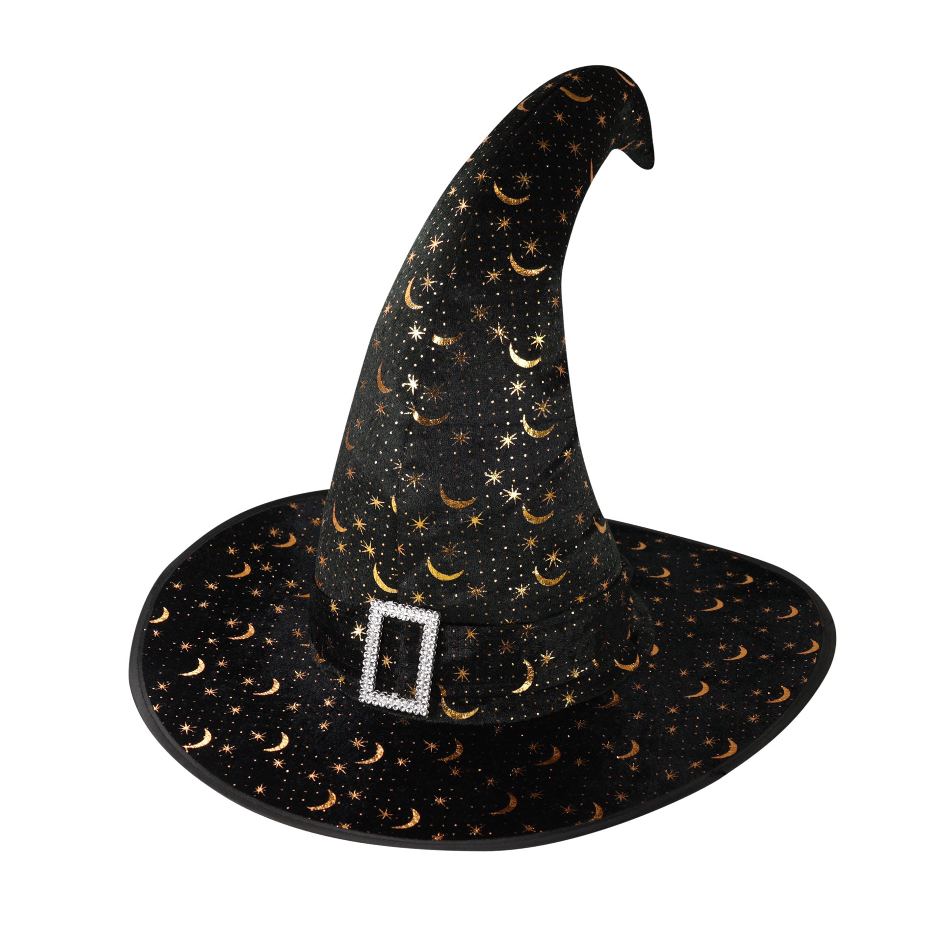 Adult witch hat with gold print and silver buckle