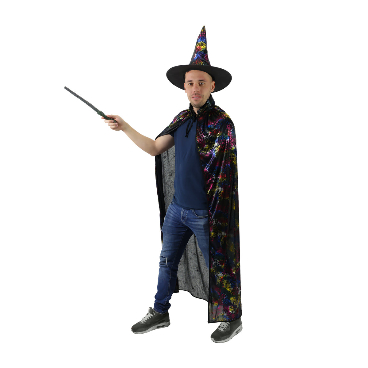 Adult witch cloak with spiderweb print and hat
