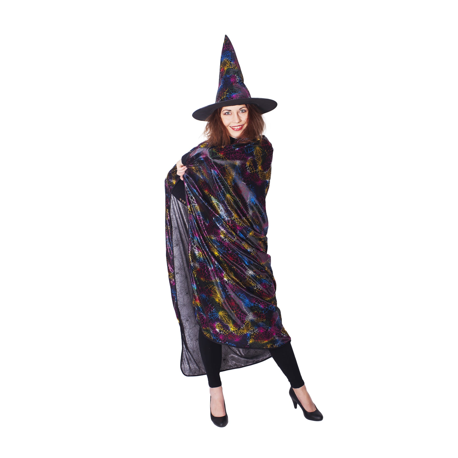 Adult witch cloak with spiderweb print and hat