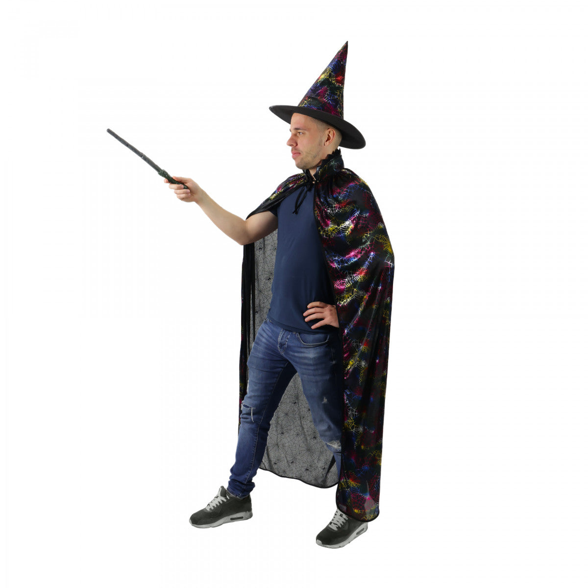 Adult witch cloak with spiderweb print and hat