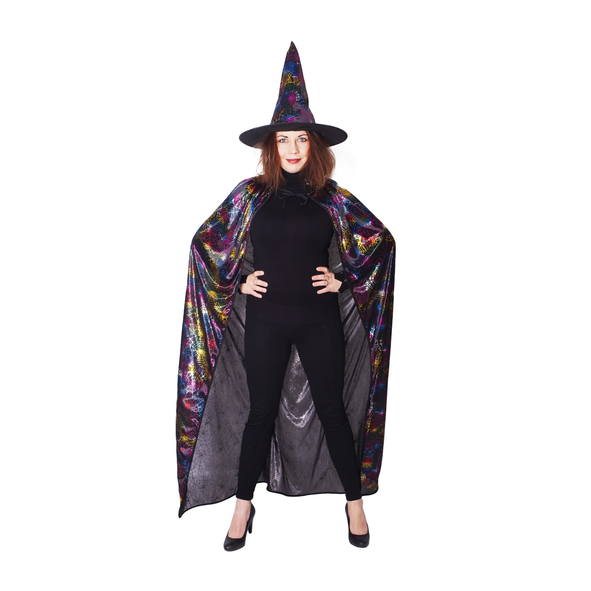 Adult witch cloak with spiderweb print and hat