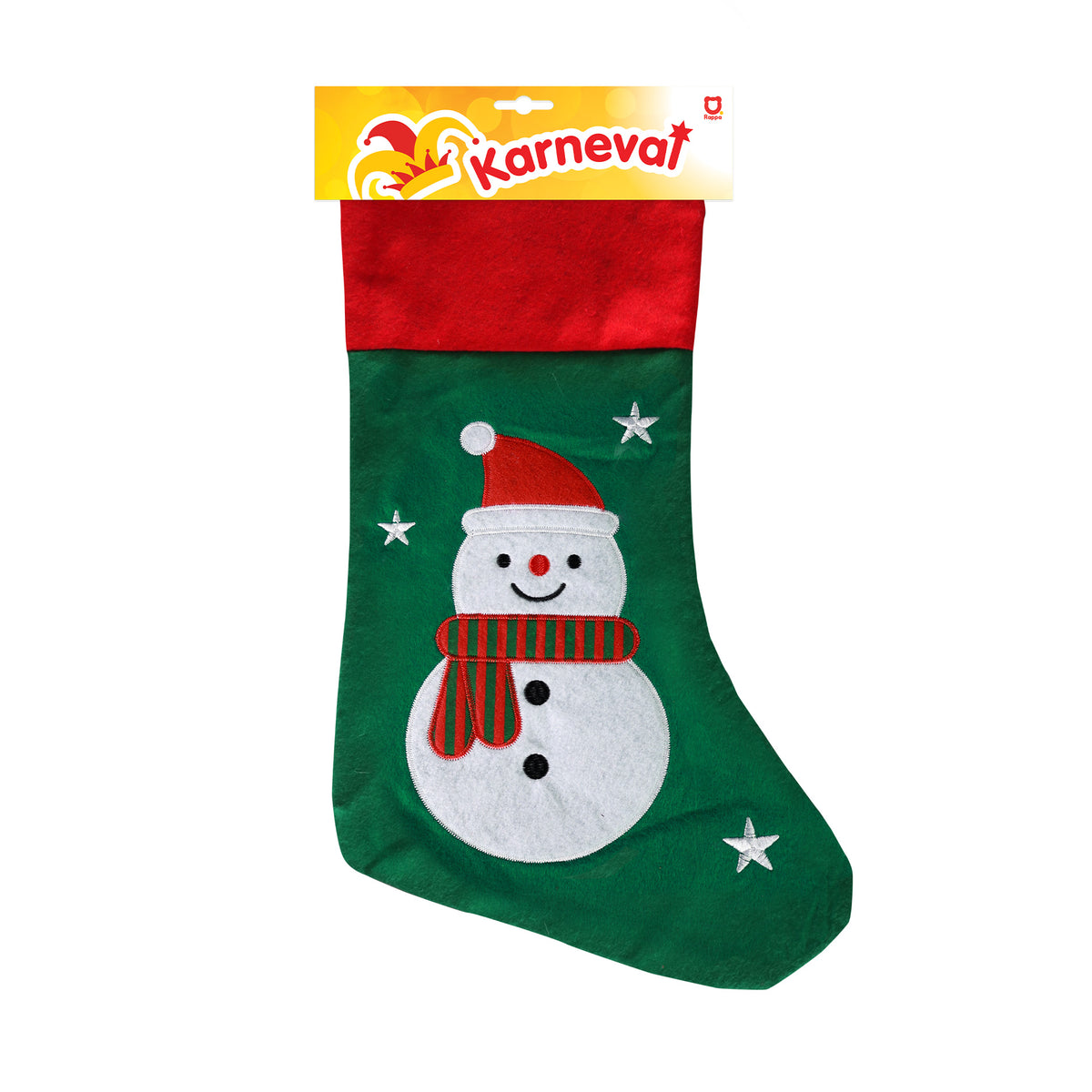 Green Christmas stocking with snowman