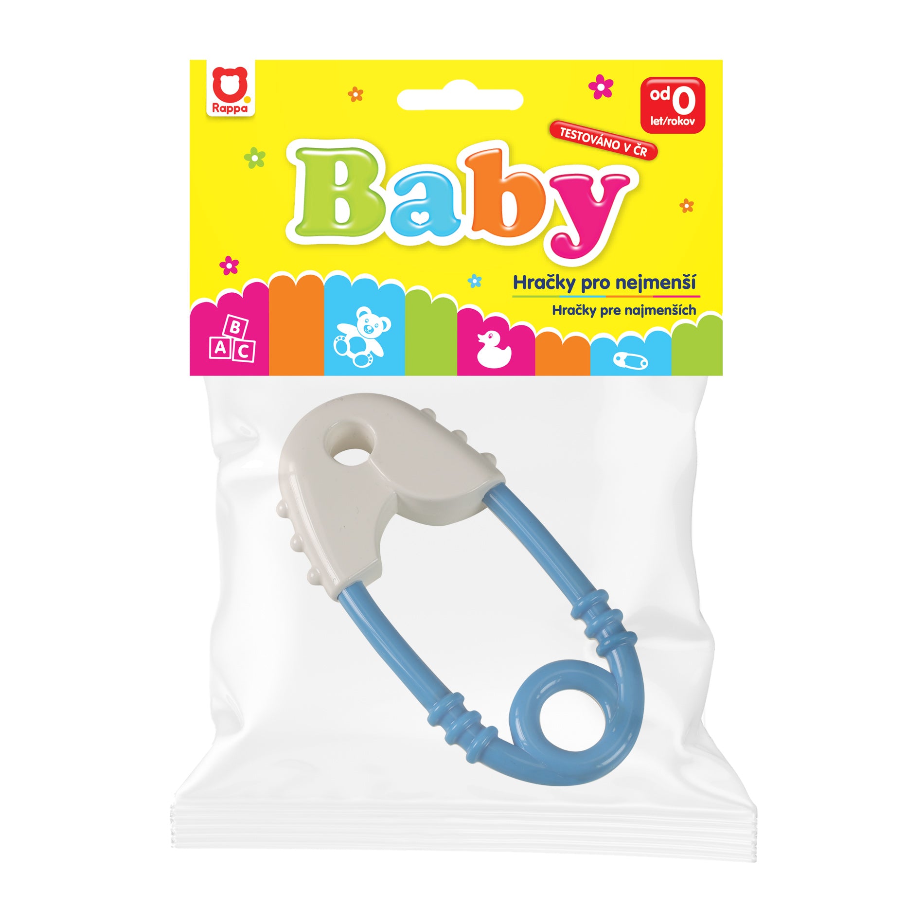 Blue and white pin rattle