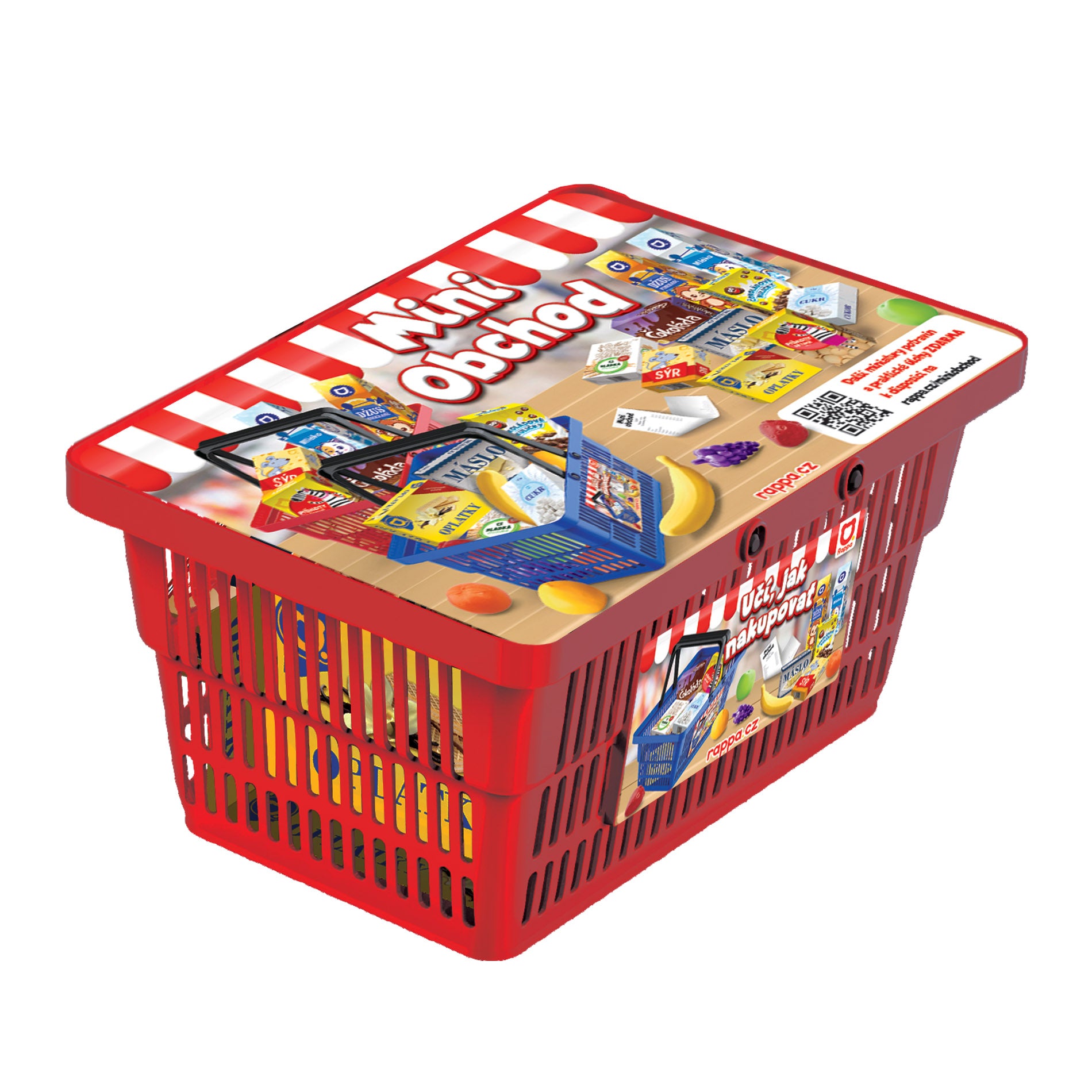 Toy shopping basket with play food, red
