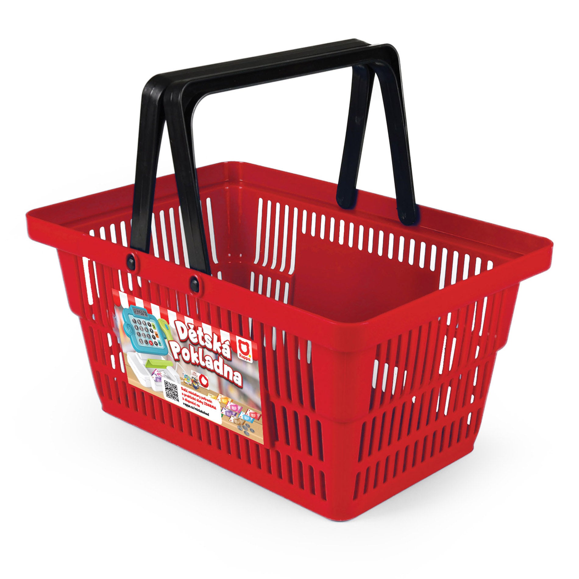 Toy shopping basket with play food, red
