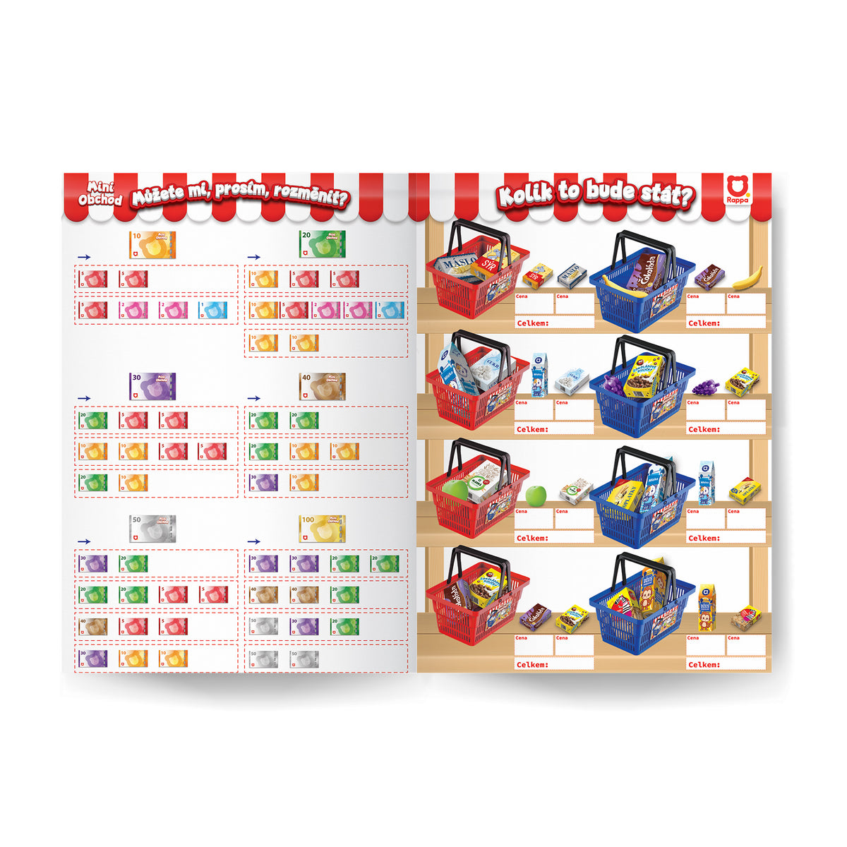 Toy shopping basket with play food, red