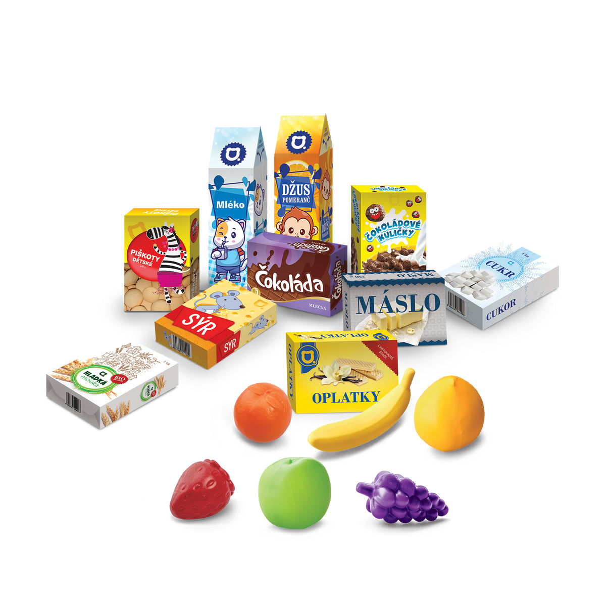 Mini shop shopping basket with play food, blue