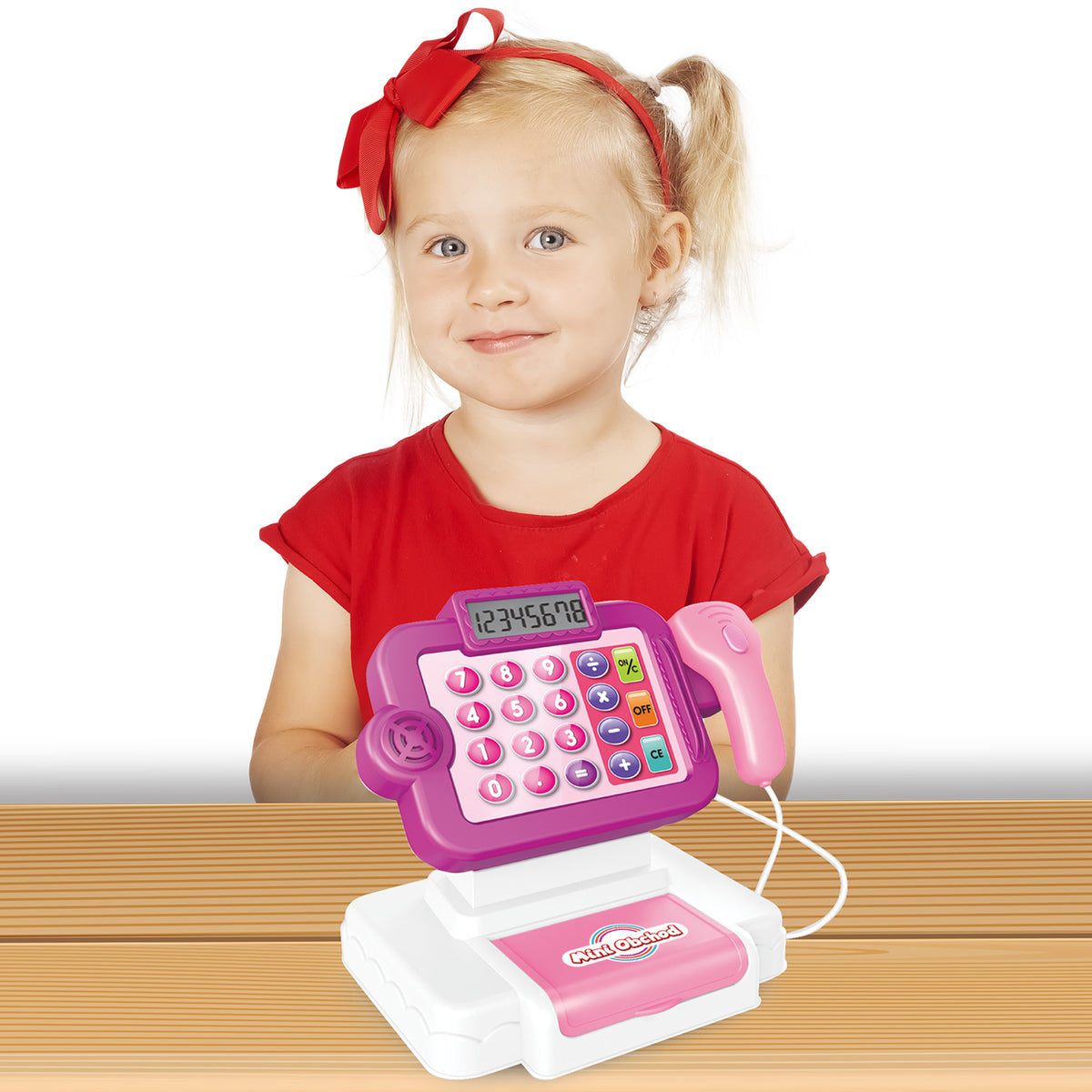 Toy cash register with Czech money, pink