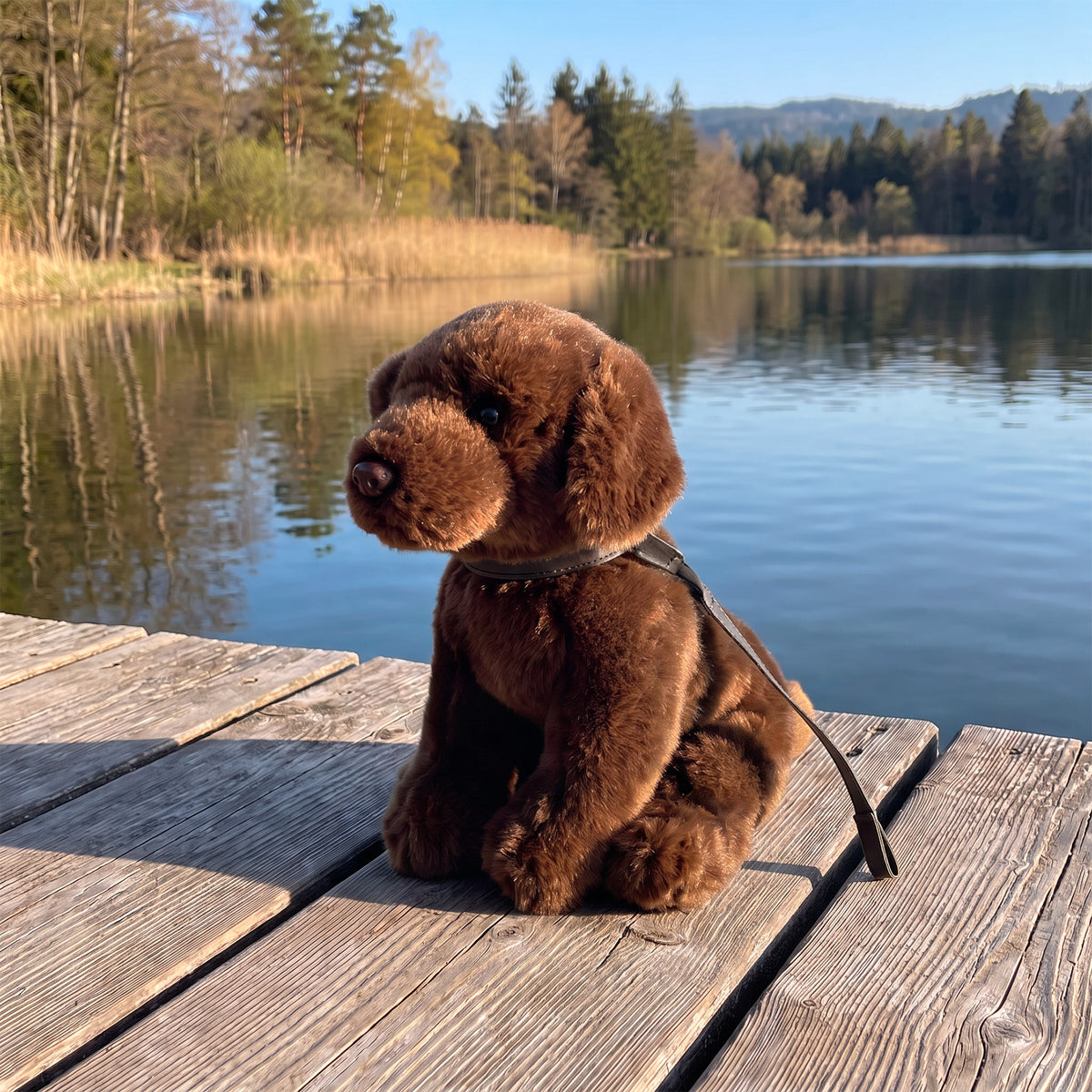 Plush brown Labrador with leash 25 cm
