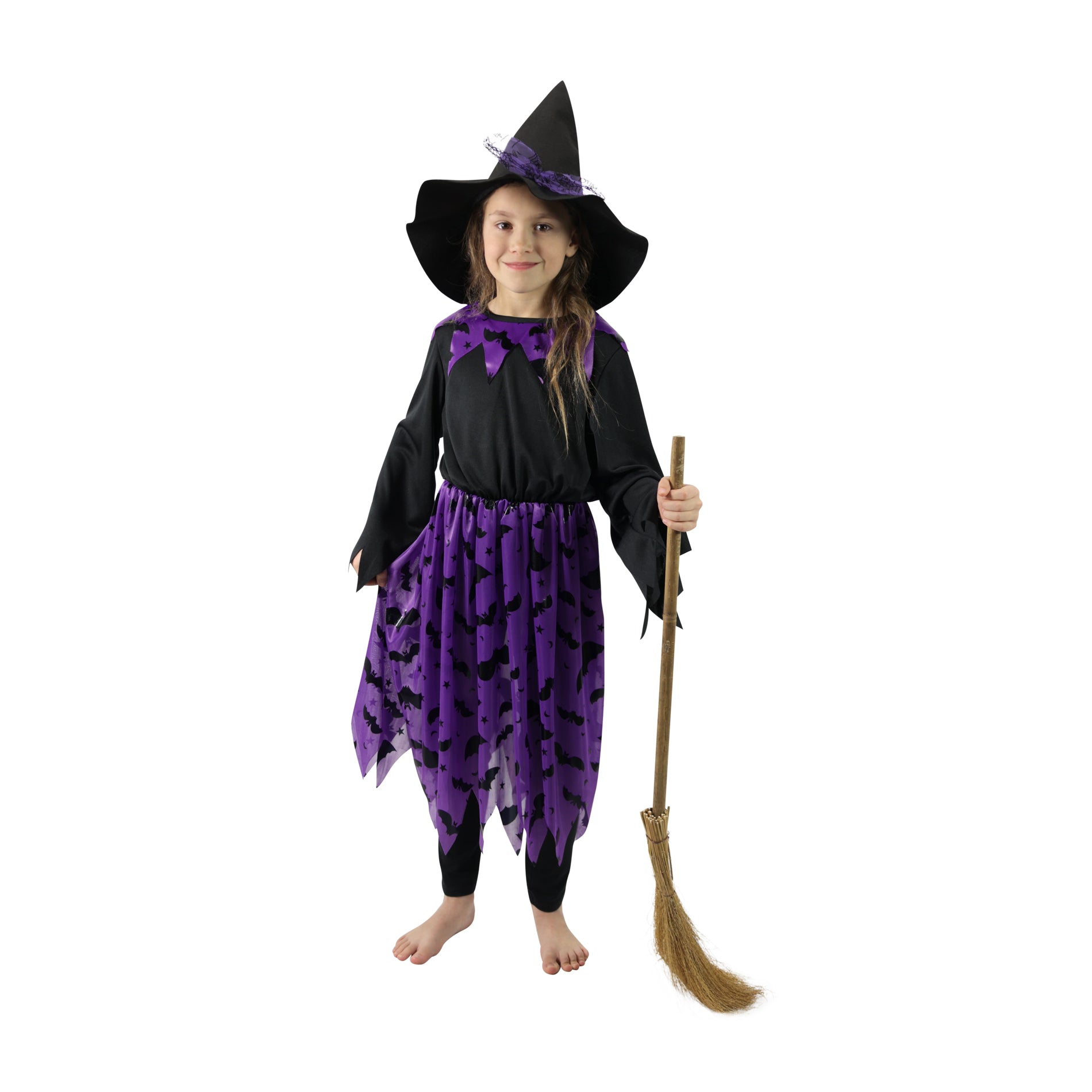 Children's witch costume with bats and hat, size S