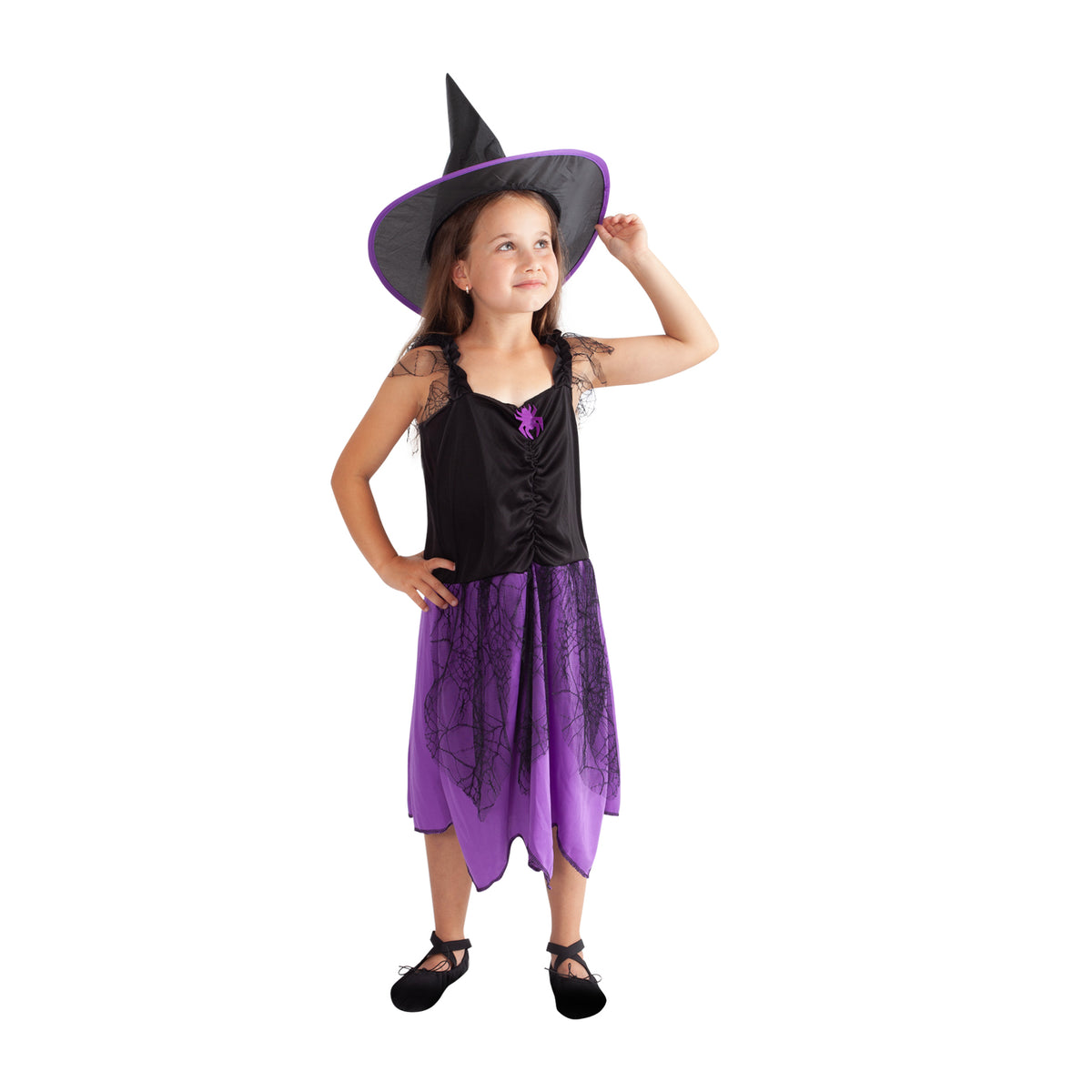 Children's purple witch costume with hat, size M