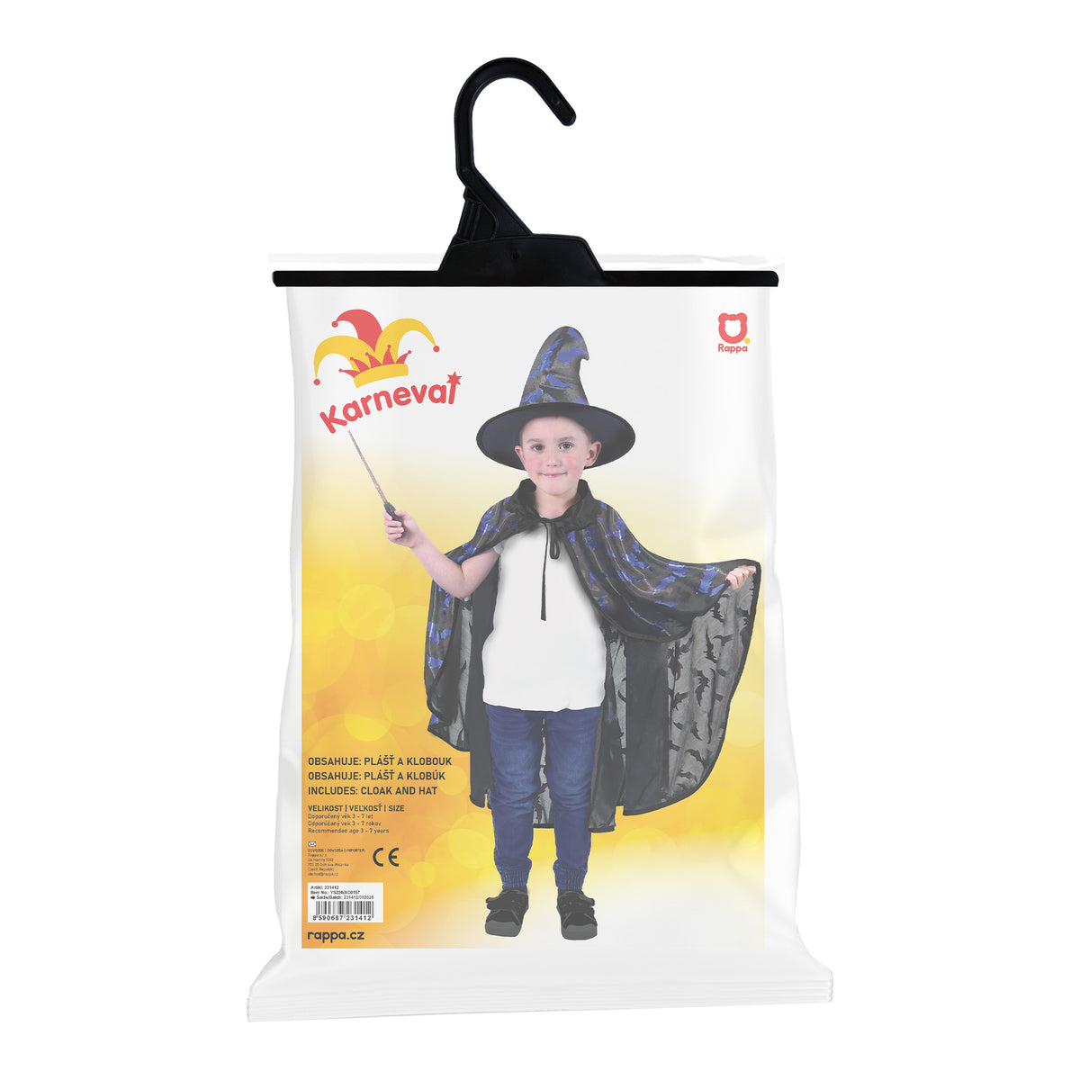 Children's black witch cloak with hat and bat print