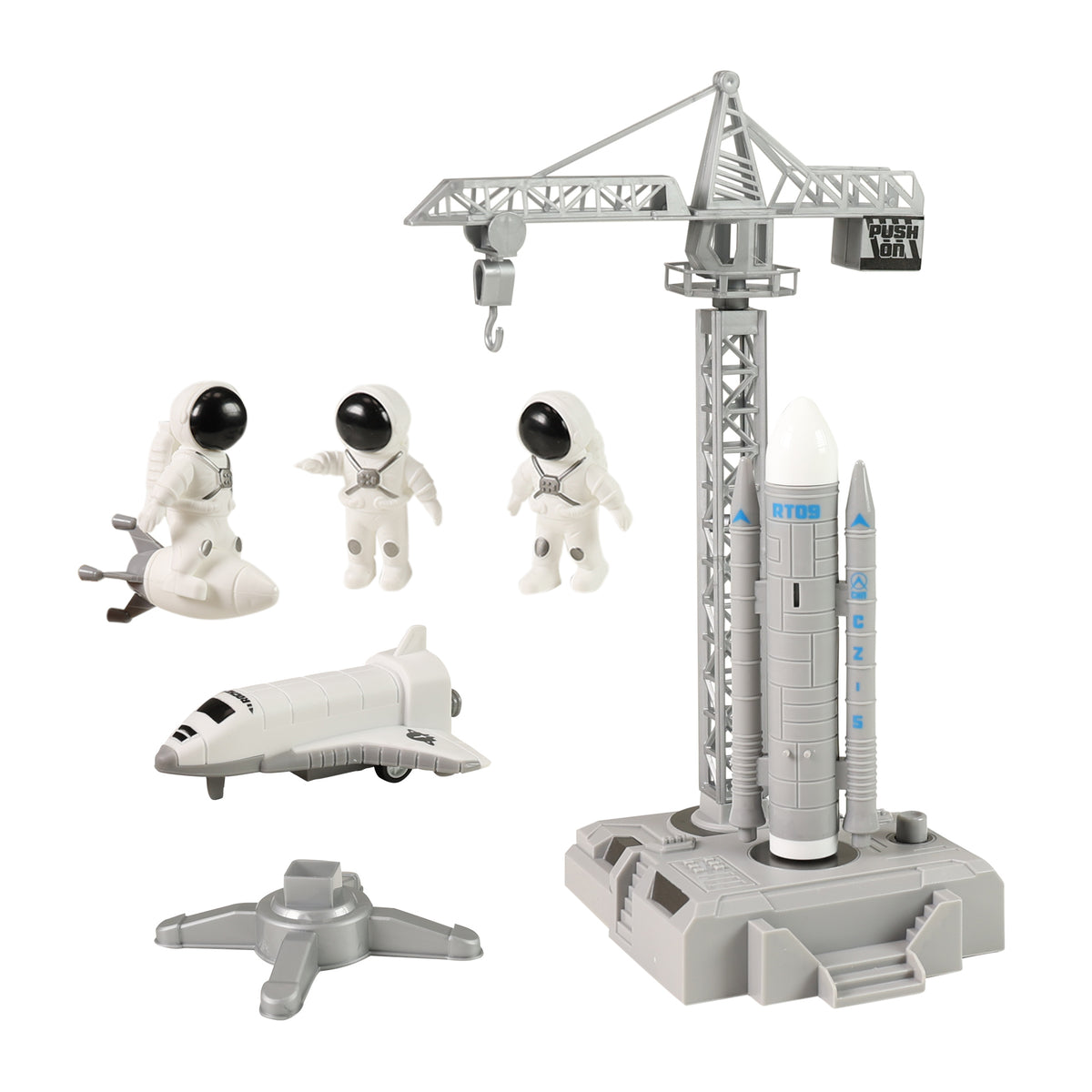 Space figure set with crane and launch platform