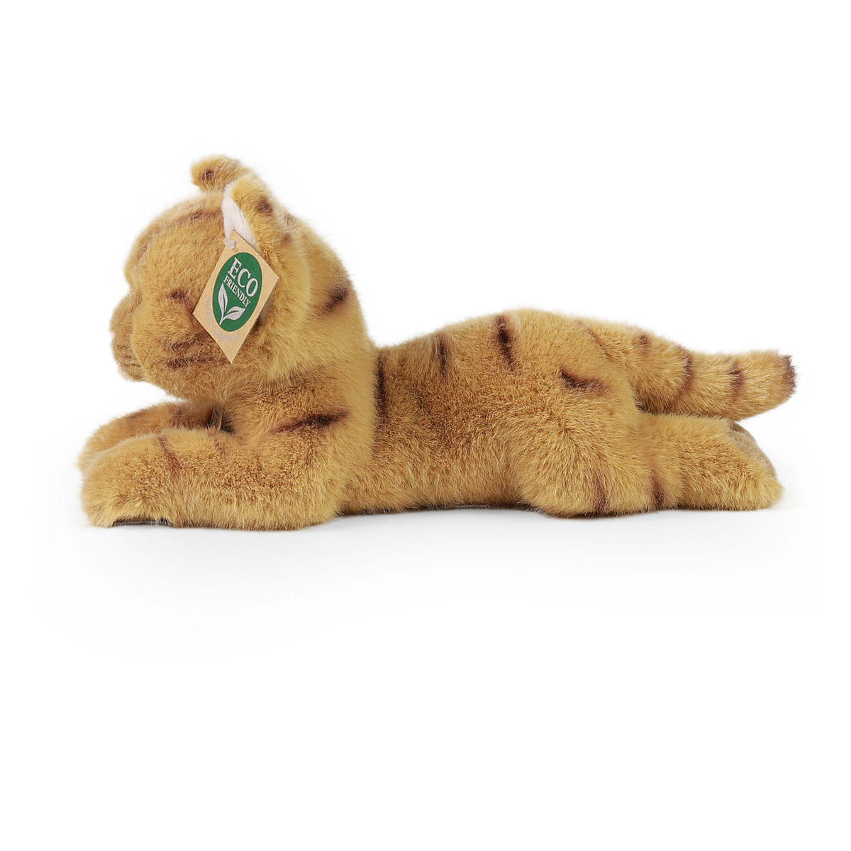 Brown tabby plush cat lying 25 cm