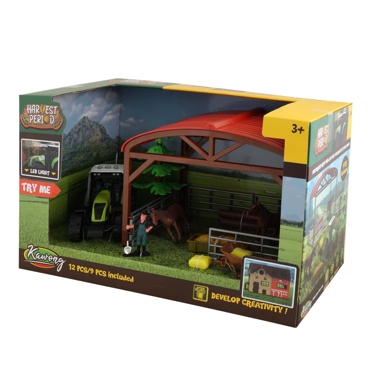 Toy tractor with sound, lights and horse enclosure