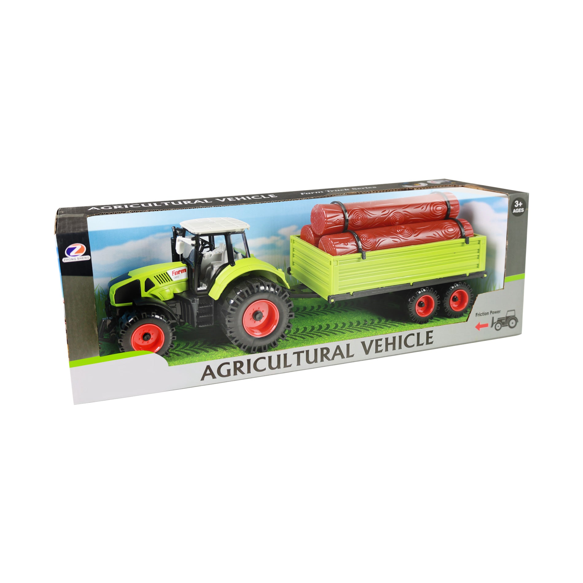 Toy tractor with wood trailer 45 cm