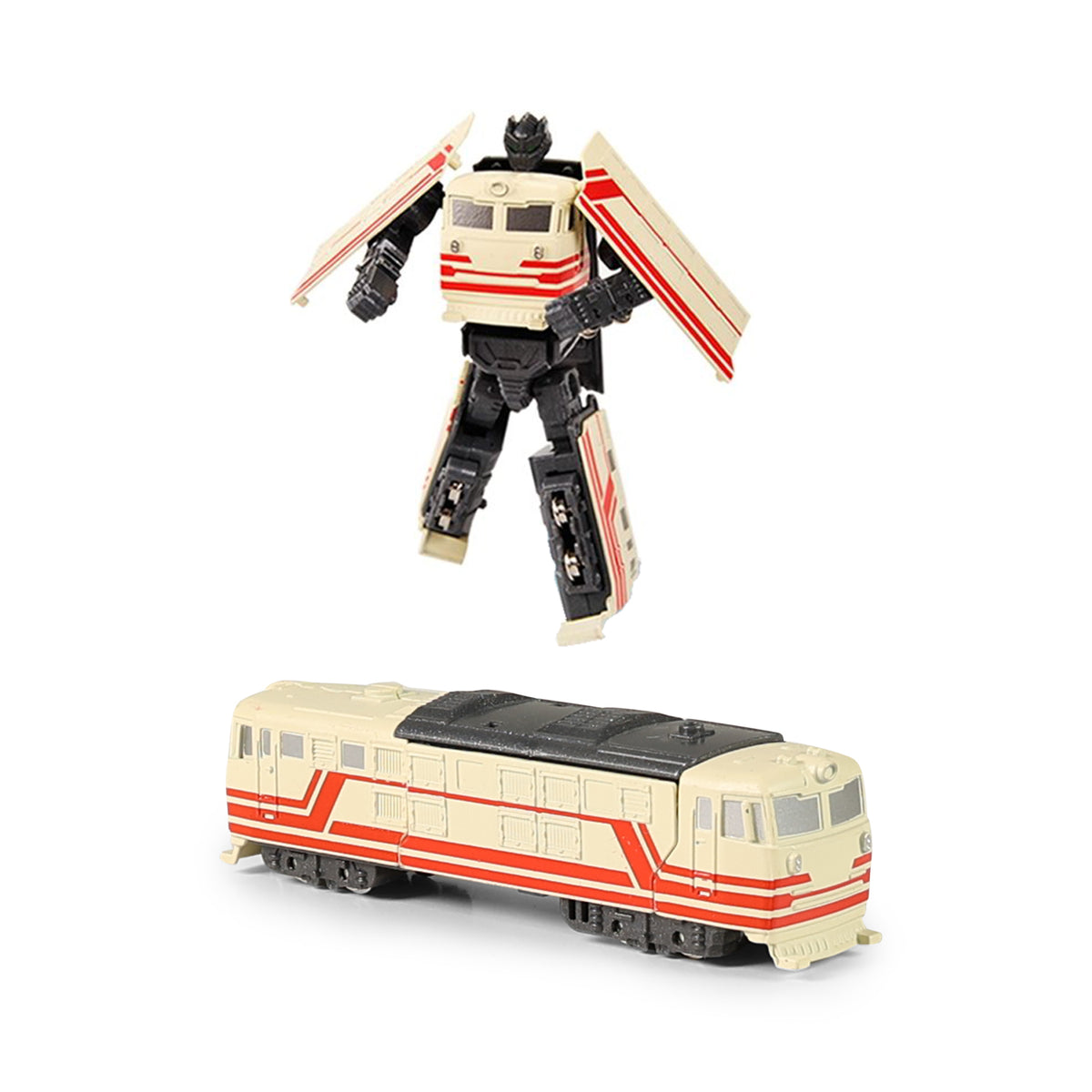 Metal transforming robot locomotive beige
