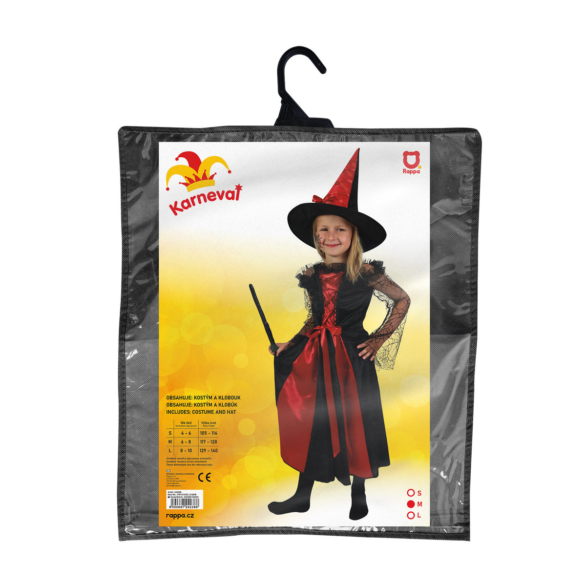 Children's witch costume black and red with hat (M)