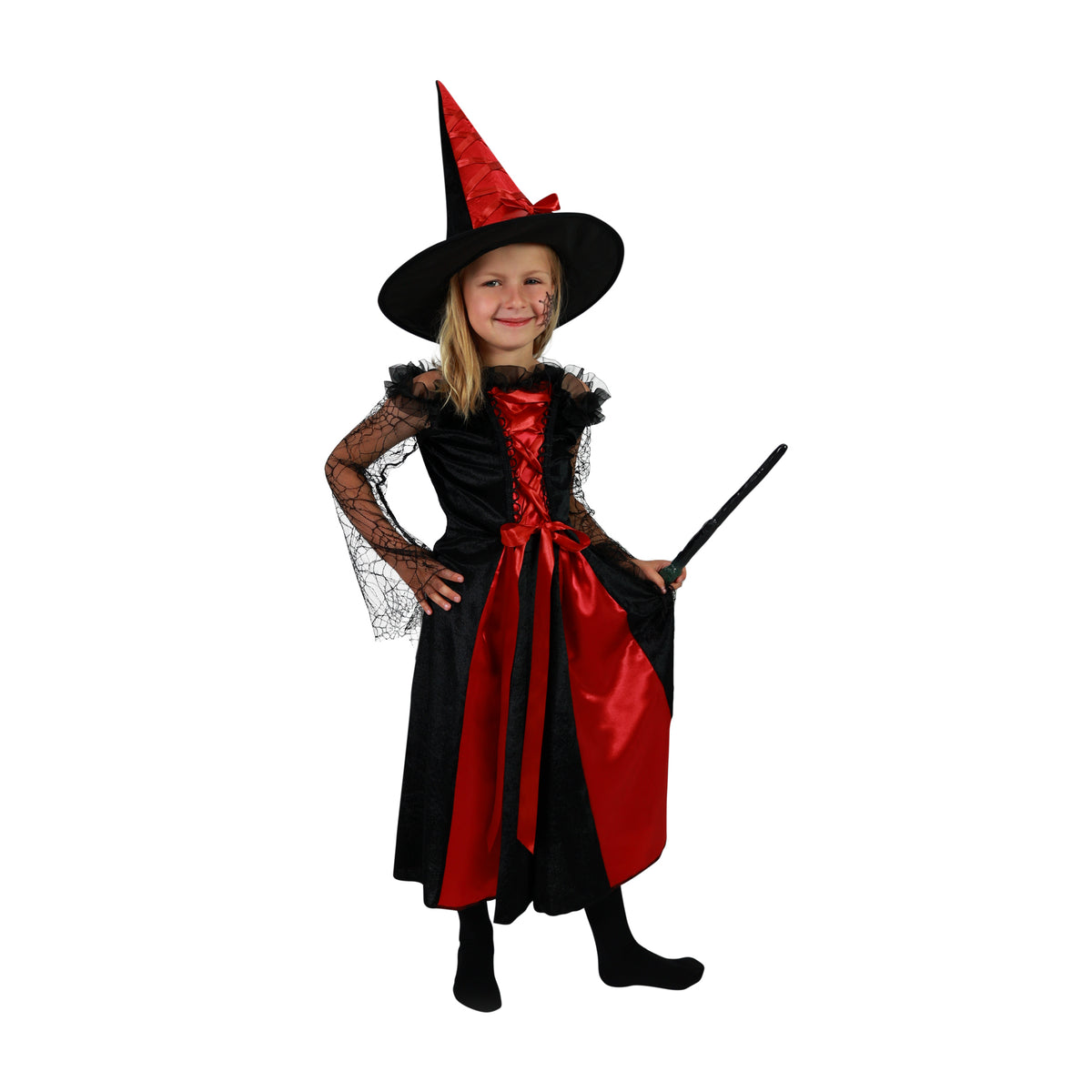 Children's witch costume black and red with hat (M)