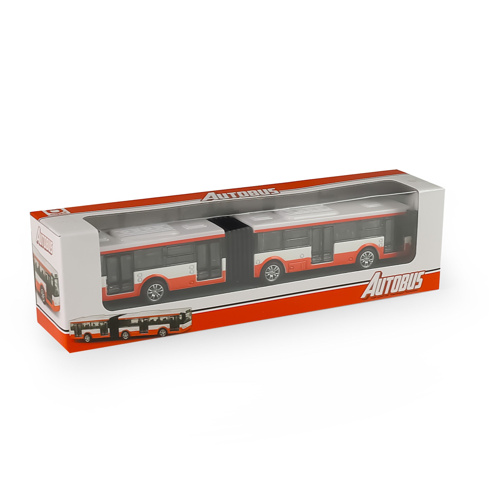 Red and white articulated metal bus 18 cm