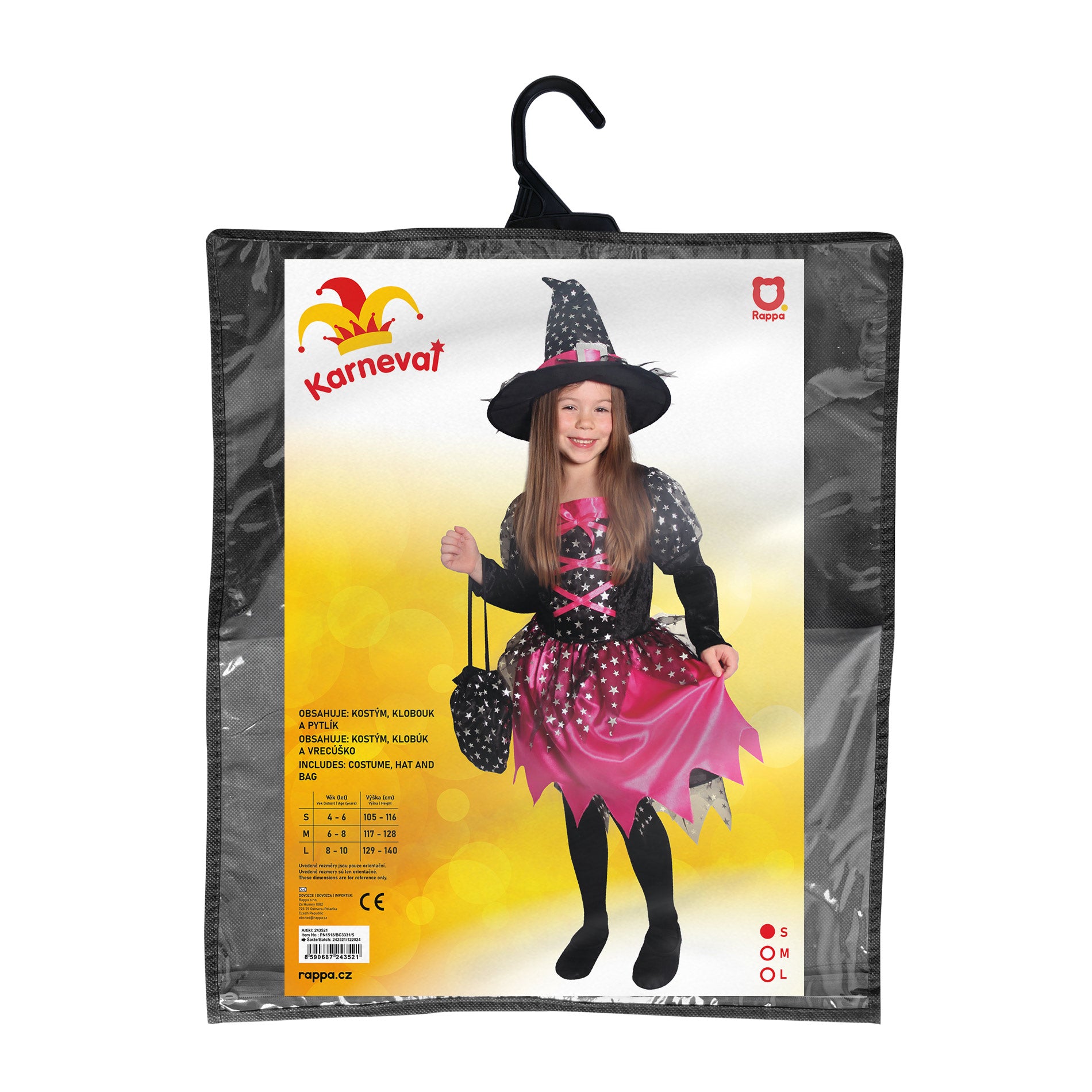 Pink witch costume with hat and bag, size S