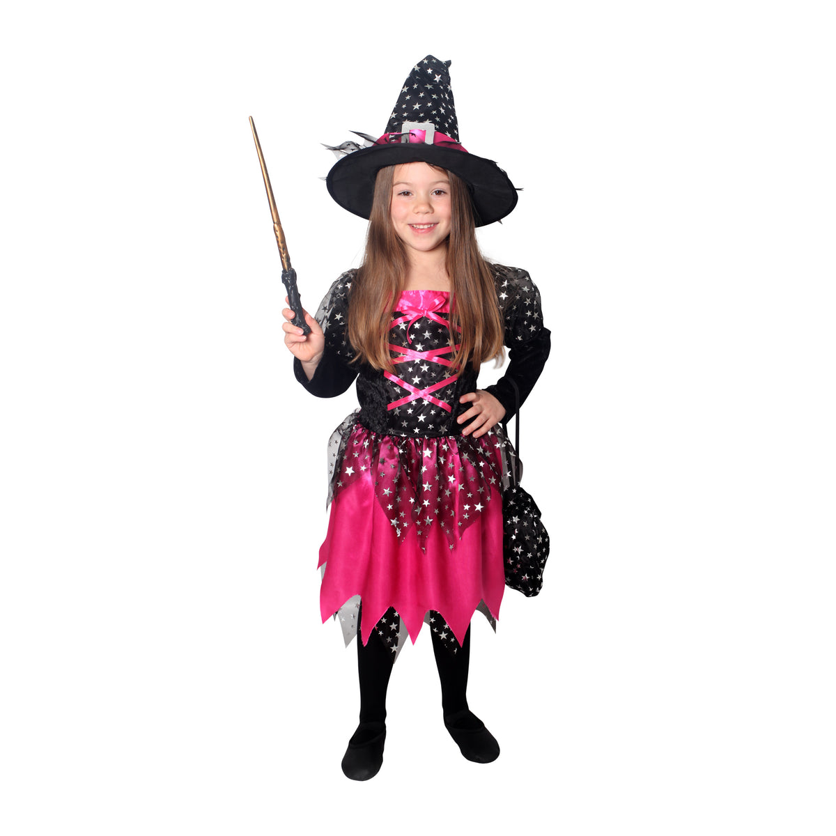 Pink witch costume with hat and bag, size S