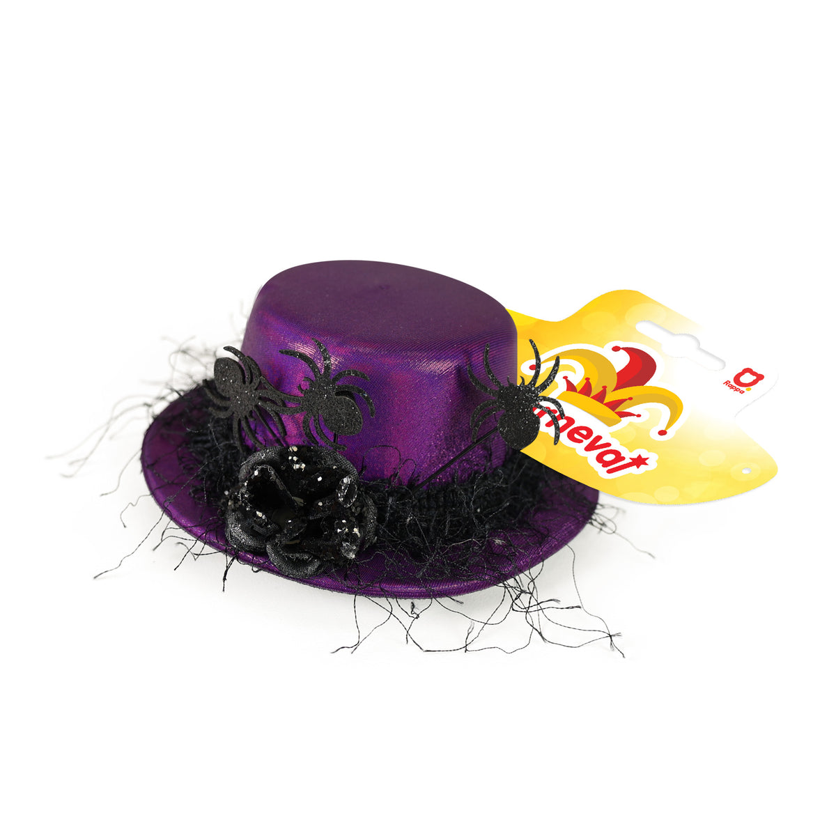 Purple mini hat with black flower and spiders