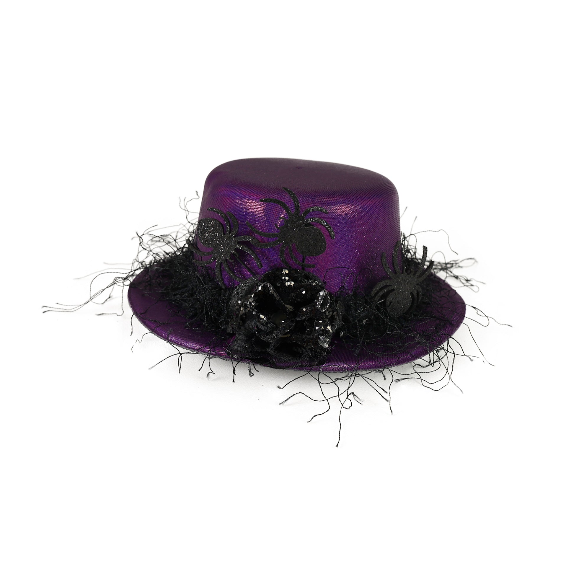 Purple mini hat with black flower and spiders