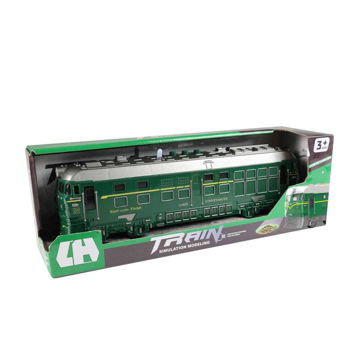 Green toy locomotive with lights and sound 33 cm