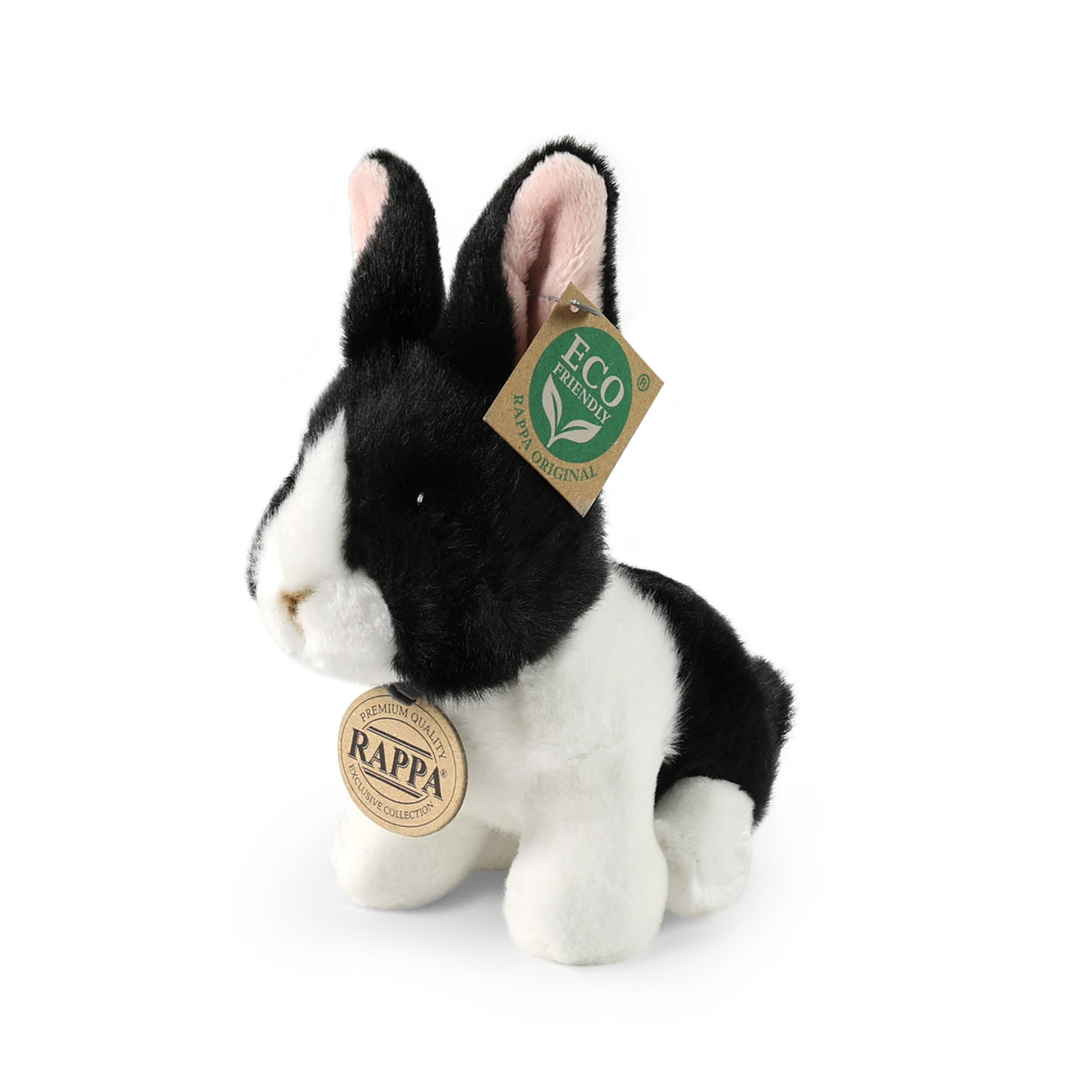 Plush seated rabbit black and white 16 cm