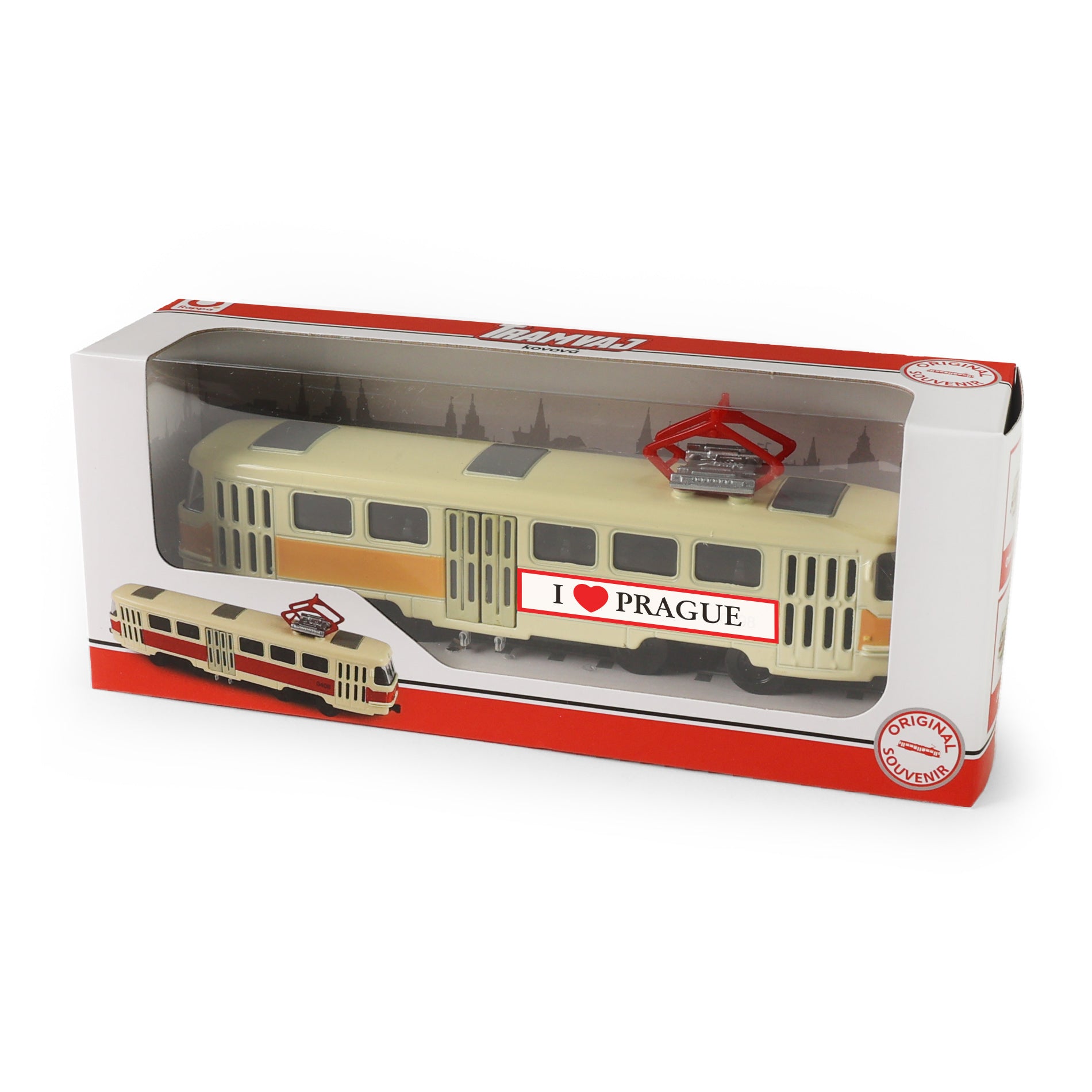 Yellow metal retro tram PRAGUE 16 cm