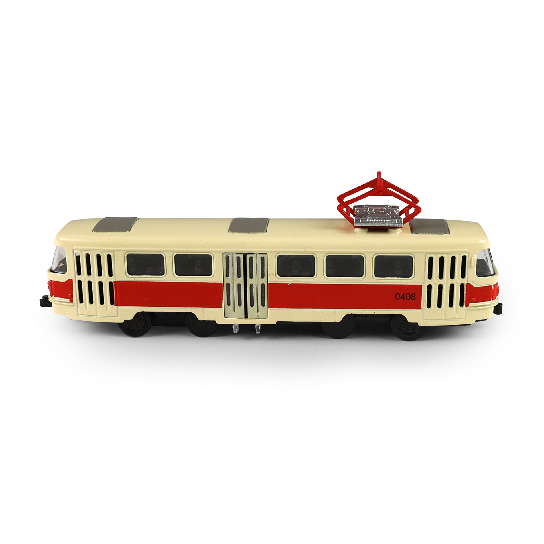 Red metal retro tram 16 cm with opening doors