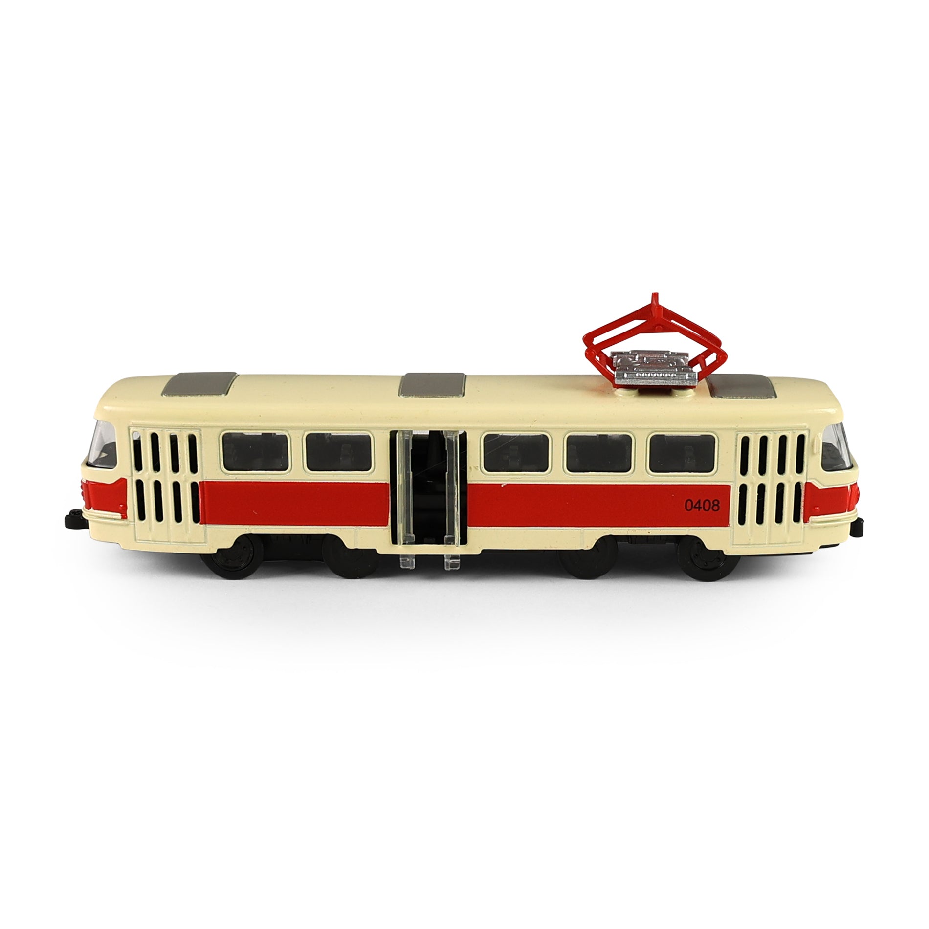Red metal retro tram 16 cm with opening doors