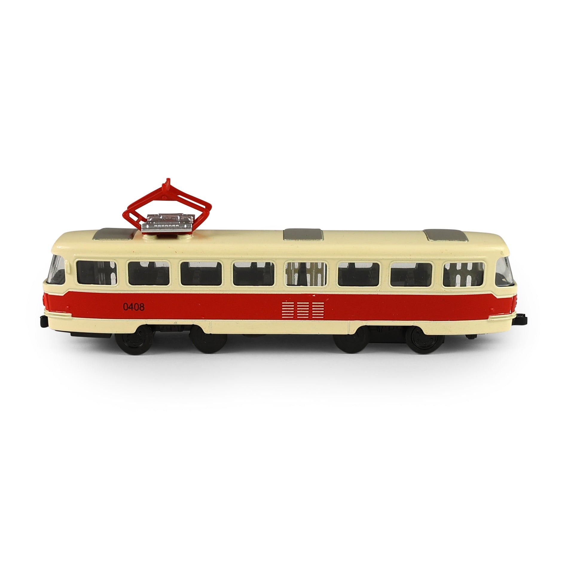 Red metal retro tram 16 cm with opening doors